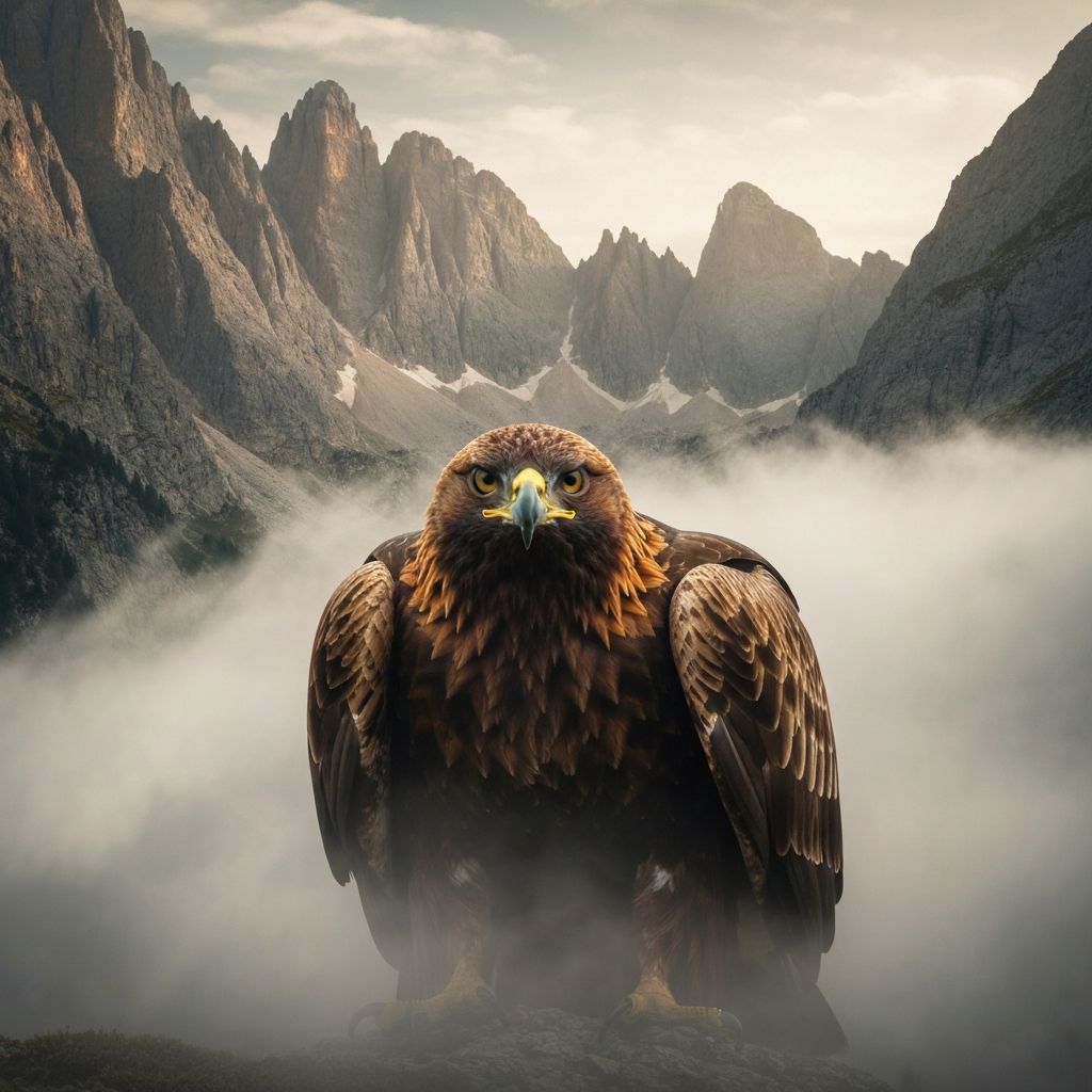 Golden eagle in pursuit through mountain mist