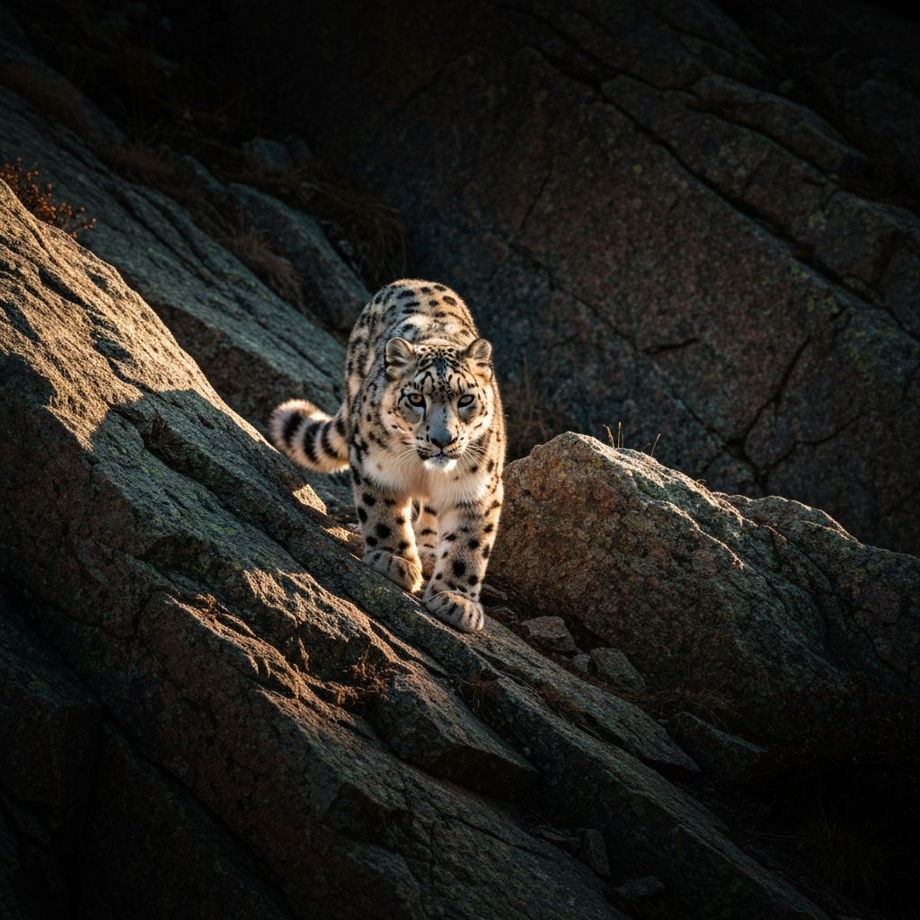 A snow leopard surveys its territory at dusk
